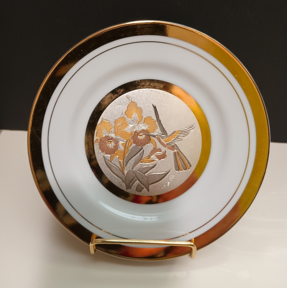 Chokin 24kt Gold Plated Hummingbird Flowers 6" Collector Plate - Japan